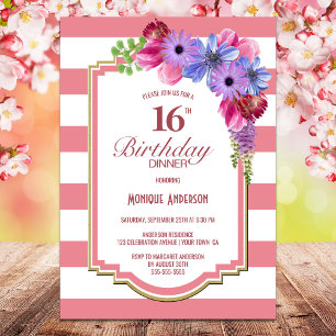 Invitation 16e anniversaire Lavande rayée Dîner floral fête