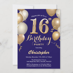 Invitation 16e anniversaire Marine Bleu et Ballons d'or Confe