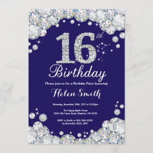 Invitation 16e anniversaire Marine Bleu et Diamant d'argent