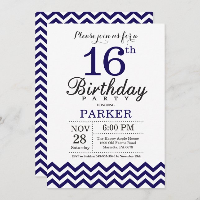Invitation 16e anniversaire Marine Blue Chevron (Devant / Derrière)