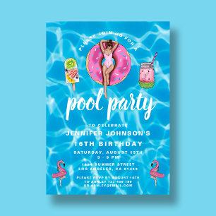 Invitation 16e anniversaire mignon Pink Summer Pool Party
