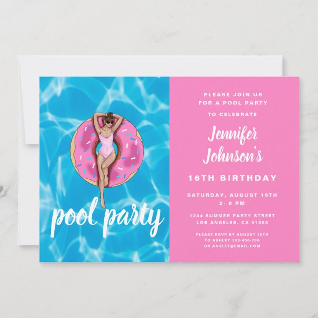 Invitation 16e anniversaire mignonne Pink Donut Summer Pool P (Devant)