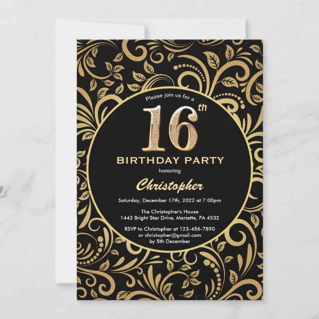 Invitation 16e anniversaire Modèle floral noir et or (Devant)