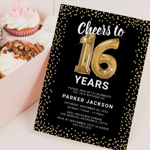 Invitation 16e anniversaire moderne Black Gold