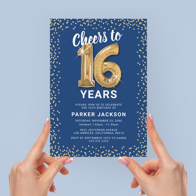 Invitation 16e anniversaire moderne Blue Gold (Créateur téléchargé)