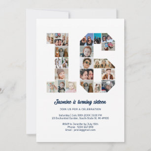 Invitation 16e anniversaire Numéro 16 Photo personnalisée Col