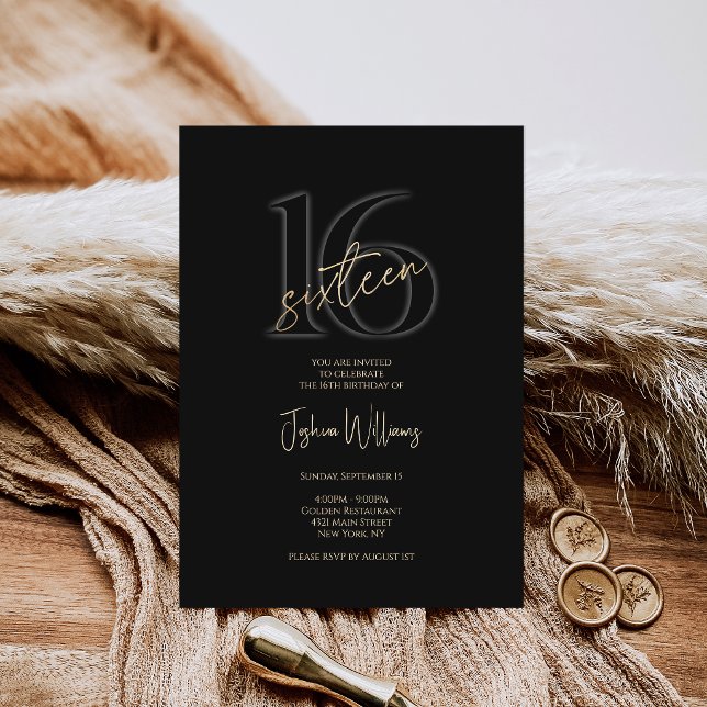 Invitation 16e Anniversaire Or Noir Luxe (Modern Black Gold 16th Birthday Invitation)