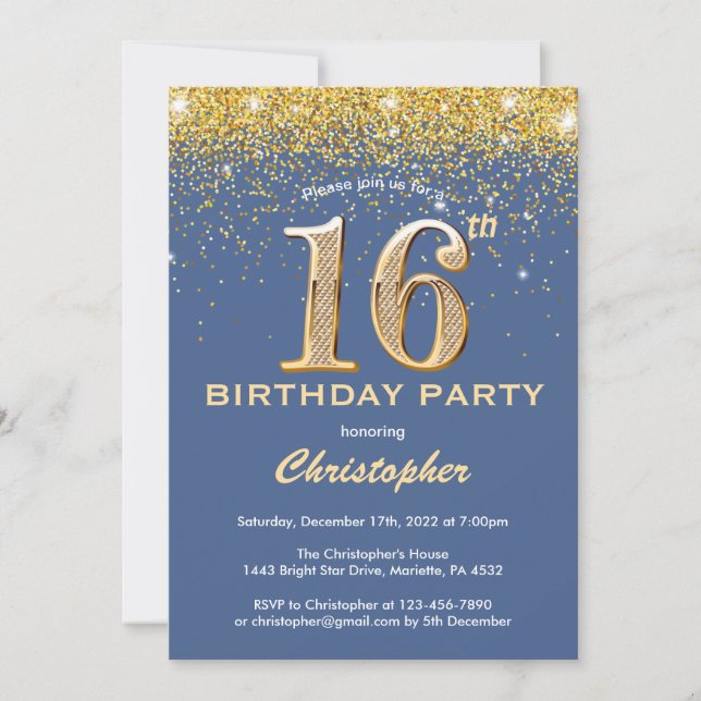 Invitation 16e anniversaire Parties scintillant bleue et or C (Devant)