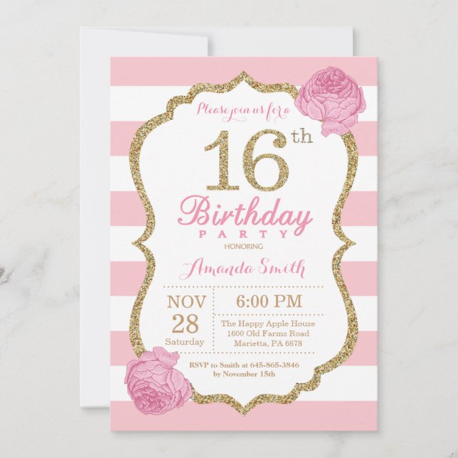 Invitation 16e anniversaire Pink and Gold Floral (Devant)