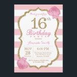 Invitation 16e anniversaire Pink and Gold Floral<br><div class="desc">Invitation du 16e anniversaire. Rose et Or. Parties scintillant or. Les rayures rose et blanche. Fleur Florale Rose. Anniversaire enfant. Fille Lady Ado fête d'anniversaire adolescente. Pour plus de personnalisation,  cliquez sur le bouton "Customiser" et utilisez notre outil de conception pour modifier ce modèle.</div>