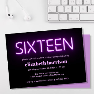 Invitation 16e anniversaire Purple Neon Lumières Party