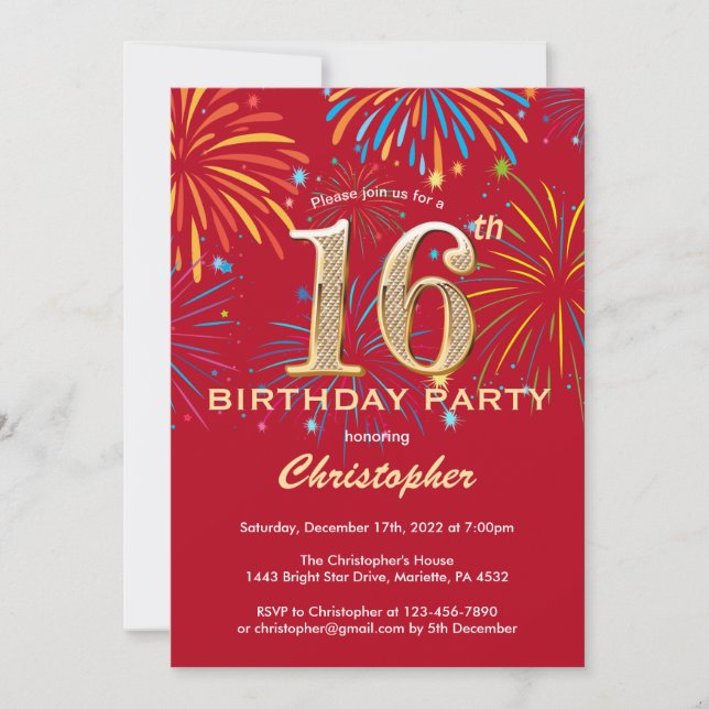 Invitation 16e anniversaire Red and Gold Rainbow Fireworks (Devant)