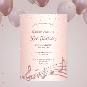 Invitation 16e anniversaire rose diamants or musique