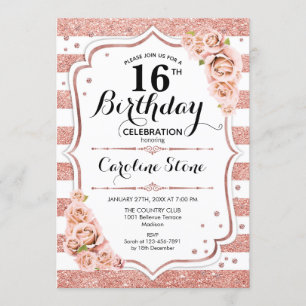 Invitation 16e anniversaire - Rose Gold White Stripes