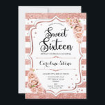 Invitation 16e anniversaire - Rose Gold White Stripes Floral<br><div class="desc">Sweet sixteen Invitation Anniversaire Design élégant en or rose blanc et faux parties scintillant avec un soupçon de rose vif. Bandes élégantes aux roses rouges. Idéal pour un 16ème anniversaire classe.</div>
