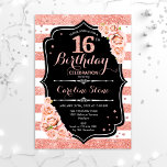 Invitation 16e anniversaire Rose noir Gold et Blancs<br><div class="desc">Invitation du 16e anniversaire. Elégant design rose or blanc et noir avec fausse parties scintillant. Comprend des rayures,  des roses rose pâle,  des caractères de script et des confettis. Parfait pour une soirée d'anniversaire élégante.</div>