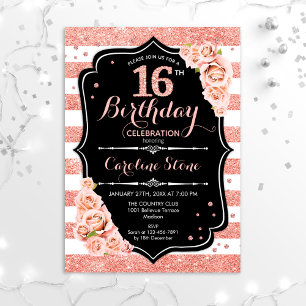 Invitation 16e anniversaire Rose noir Gold et Blancs