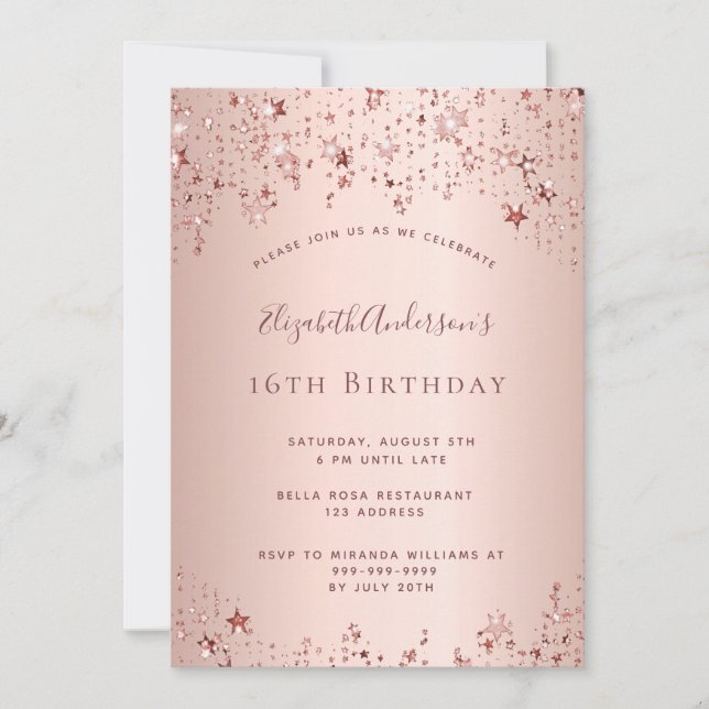 Invitation 16e anniversaire rose or étoiles sprinkle (Devant)