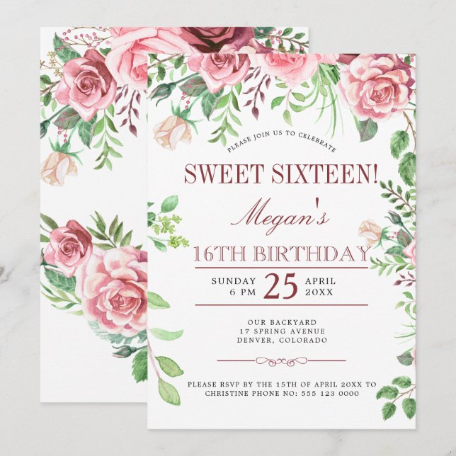 Invitation 16e anniversaire Rose rose Roses Chic Sweet sixtee (Devant / Derrière)