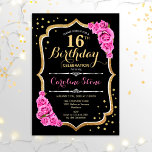Invitation 16e anniversaire - Roses roses roses noires d'or<br><div class="desc">Invitation à célébrer le 16e anniversaire. Design noir élégant avec parties scintillant fausse or et roses roses roses roses. Comprend des polices de caractères et des confettis stylisés. Parfait pour une soirée d'anniversaire élégante. Peut être customisé à n'importe quel âge.</div>