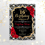 Invitation 16e anniversaire - Roses rouges d'or noir<br><div class="desc">Invitation 16th Birthday Elégant design rouge noir blanc avec fausse parties scintillant or. Caractéristiques motif damassé et roses rouges. Parfait pour une soirée d'anniversaire élégante.</div>