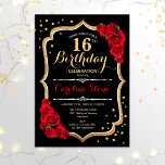 Invitation 16e anniversaire - Roses rouges d'or noir<br><div class="desc">Invitation à célébrer le 16e anniversaire. Design noir élégant avec de l'or de parties scintillant et des roses rouges. Parfait pour une soirée d'anniversaire élégante. Peut être customisé à n'importe quel âge.</div>