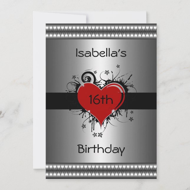Invitation 16e anniversaire Rouge Noir Coeur Floral Argent (Devant)
