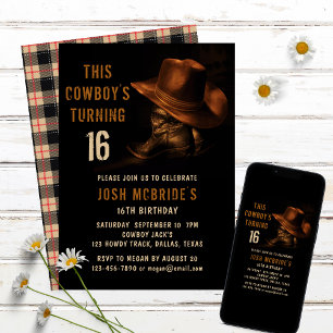 Invitation 16e anniversaire Rustic Cowboy Casquette et Bottes
