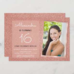 Invitation 16e anniversaire Sparkle Rose Gold Blush Pink Phot
