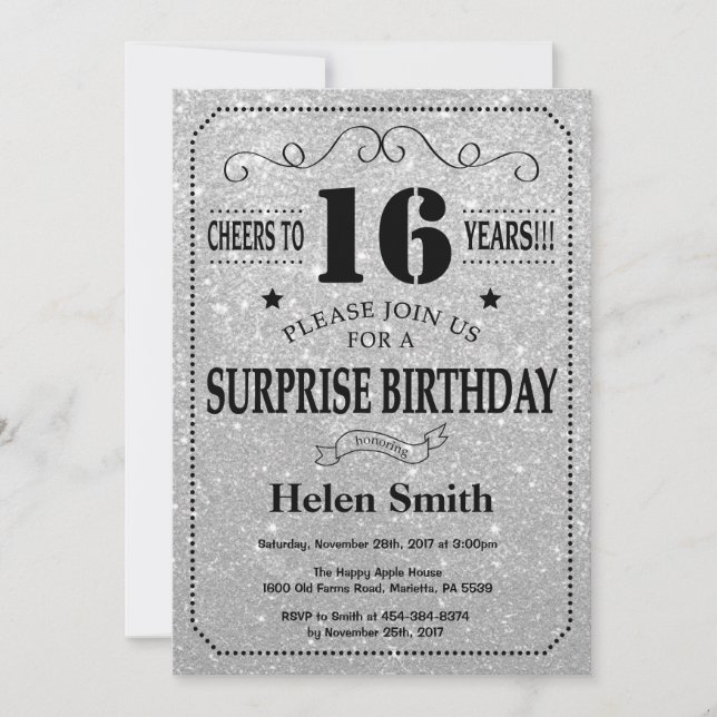 Invitation 16e anniversaire surprise Parties scintillant noir (Devant)