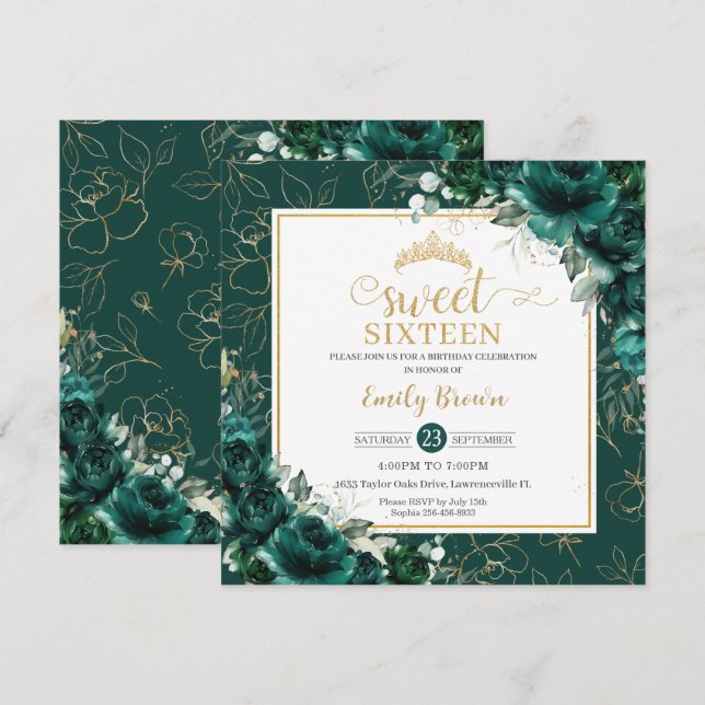 Invitation 16e anniversaire Sweet 16 Emerald Green Floral Gol (Devant / Derrière)