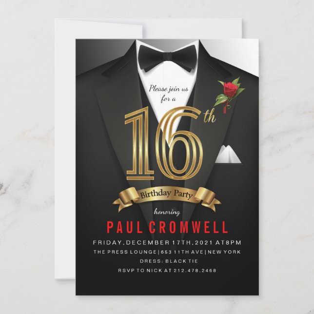 Invitation 16e anniversaire Sweet 16 Tuxedo (Devant)