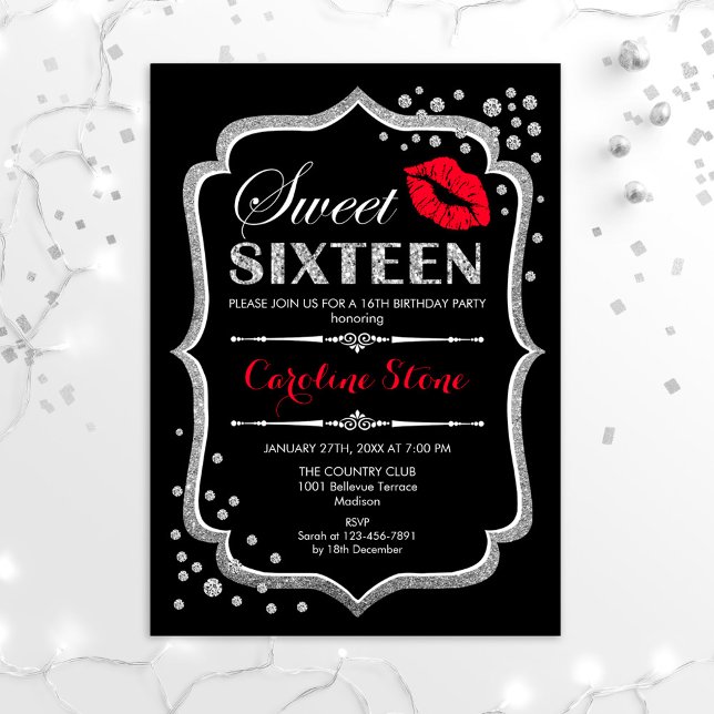 Invitation 16e anniversaire - Sweet sixteen Argent Noir Rouge (Créateur téléchargé)