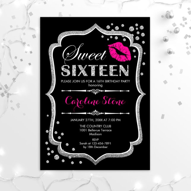 Invitation 16e anniversaire - Sweet sixteen argent rose noir (Créateur téléchargé)