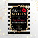 Invitation 16e anniversaire - Sweet sixteen Black Red Gold<br><div class="desc">Invitation d'anniversaire du sweet sixteen. Elégant design noir blanc avec parties scintillant en or. Comprend baiser des lèvres rouges,  bandes blanches noires,  confettis et police de script. Parfait pour une soirée de 16e anniversaire. Message-moi si vous avez besoin d'une personnalisation plus poussée.</div>