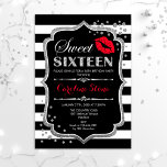 Invitation 16e anniversaire - Sweet sixteen Black Red Silver<br><div class="desc">Invitation d'anniversaire du sweet sixteen. Design élégant noir blanc avec fausse parties scintillant argent. Comprend baiser des lèvres rouges,  bandes blanches noires,  confettis et police de script. Parfait pour une soirée de 16e anniversaire. Message-moi si vous avez besoin d'une personnalisation plus poussée.</div>