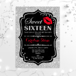 Invitation 16e anniversaire - Sweet sixteen Black Red Silver<br><div class="desc">Invitation d'anniversaire du sweet sixteen. Design élégant noir blanc avec fausse parties scintillant argent. Comprend des lèvres rouges baiser,  confetti et police de script. Parfait pour une soirée de 16e anniversaire. Message-moi si vous avez besoin d'une personnalisation plus poussée.</div>