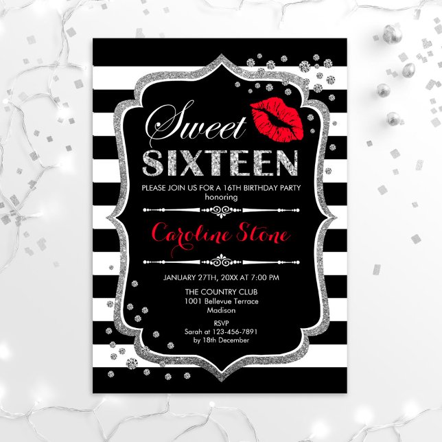Invitation 16e anniversaire - Sweet sixteen Black Red Silver (Créateur téléchargé)