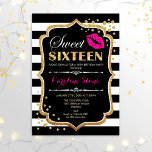 Invitation 16e anniversaire - Sweet sixteen Black Rose Gold<br><div class="desc">Invitation d'anniversaire du sweet sixteen. Elégant design noir blanc avec parties scintillant en or. Comprend baiser des lèvres roses,  bandes blanches noires,  confettis et police de script. Parfait pour une soirée de 16e anniversaire. Message-moi si vous avez besoin d'une personnalisation plus poussée.</div>