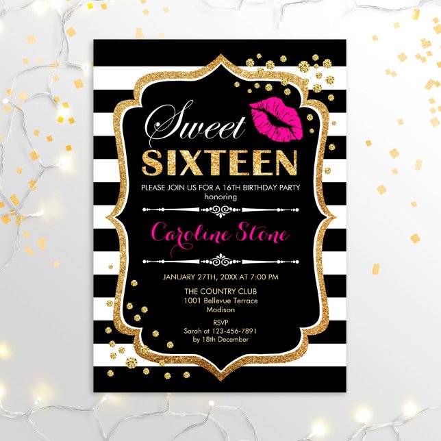 Invitation 16e anniversaire - Sweet sixteen Black Rose Gold (Créateur téléchargé)