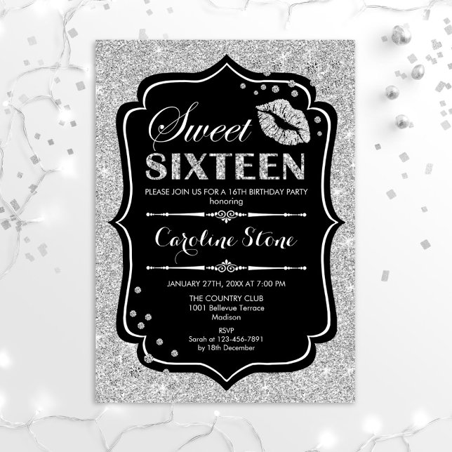 Invitation 16e anniversaire - Sweet sixteen Black Silver (Créateur téléchargé)