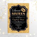 Invitation 16e anniversaire - Sweet sixteen Gold Black<br><div class="desc">Invitation d'anniversaire du sweet sixteen. Elégant design noir blanc avec parties scintillant en or. Comprend des lèvres baiser,  confetti et police de script. Parfait pour une soirée de 16e anniversaire. Message-moi si vous avez besoin d'une personnalisation plus poussée.</div>