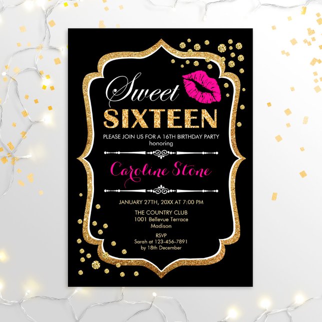 Invitation 16e anniversaire - Sweet sixteen Gold Black Pink (Créateur téléchargé)