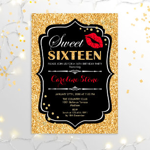Invitation 16e anniversaire - Sweet sixteen Gold Noir Rouge