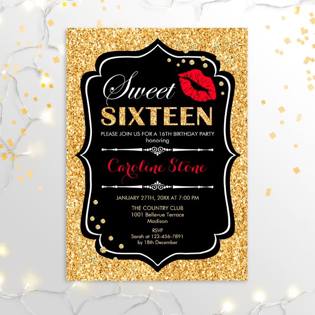 Invitation 16e anniversaire - Sweet sixteen Gold Noir Rouge (Créateur téléchargé)