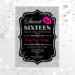 Invitation 16e anniversaire - Sweet sixteen noir rose argent<br><div class="desc">Invitation d'anniversaire du sweet sixteen. Design élégant noir blanc avec fausse parties scintillant argent. Comprend des lèvres roses baiser,  confetti et police de script. Parfait pour une soirée de 16e anniversaire. Message-moi si vous avez besoin d'une personnalisation plus poussée.</div>