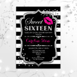 Invitation 16e anniversaire - Sweet sixteen noir rose argent<br><div class="desc">Invitation d'anniversaire du sweet sixteen. Design élégant noir blanc avec fausse parties scintillant argent. Comprend baiser des lèvres roses,  bandes blanches noires,  confettis et police de script. Parfait pour une soirée de 16e anniversaire. Message-moi si vous avez besoin d'une personnalisation plus poussée.</div>
