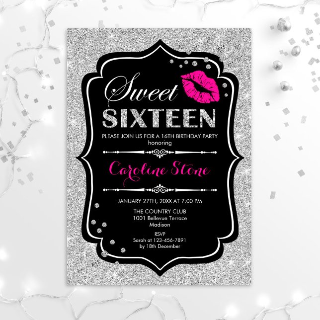 Invitation 16e anniversaire - Sweet sixteen noir rose argent (Créateur téléchargé)