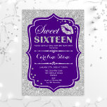 Invitation 16e anniversaire - Sweet sixteen Purple Silver<br><div class="desc">Invitation d'anniversaire du sweet sixteen. Elégant design blanc violet avec fausse parties scintillant argent. Comprend des lèvres baiser,  confetti et police de script. Parfait pour une soirée de 16e anniversaire. Message-moi si vous avez besoin d'une personnalisation plus poussée.</div>