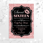 Invitation 16e anniversaire - Sweet sixteen Rose Gold Noir<br><div class="desc">Invitation d'anniversaire du sweet sixteen. Elégant design noir blanc avec fausse parties scintillant rose or. Comprend des lèvres roses baiser,  confetti et police de script. Parfait pour une soirée de 16e anniversaire. Message-moi si vous avez besoin d'une personnalisation plus poussée.</div>